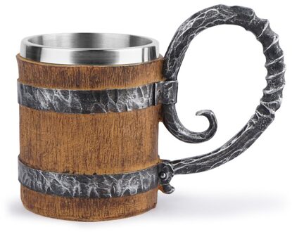 550Ml Viking Hout Stijl Bier Mok Als Simulatie Houten Vat Beer Cup Double Wall Mok Metalen Geïsoleerde houten Barre 01