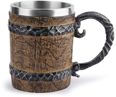 550Ml Viking Hout Stijl Bier Mok Als Simulatie Houten Vat Beer Cup Double Wall Mok Metalen Geïsoleerde houten Barre 03