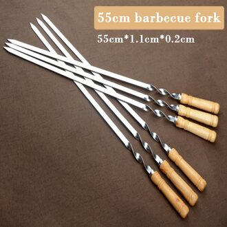 55Cm Bbq Spiesjes Lange Handvat Shish Kebab Barbecue Grill Stok Hout Bbq Vork Rvs Buiten Grill Naald 6/10Pcs 12stk
