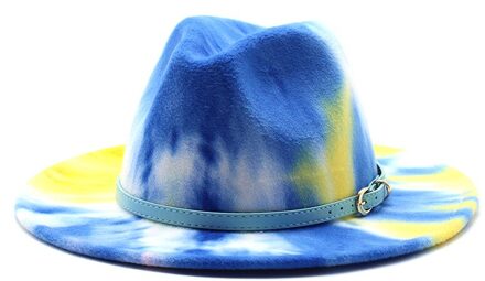 56-58Cm Tie Dye Brede Rand Fedora Hoed Vrouwen Mannen Wolvilt Jazz Hoeden Met Eenvoudige Riem Kerk derby Top Hat Blauw