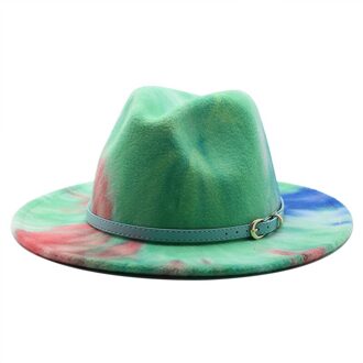 56-58Cm Tie Dye Brede Rand Fedora Hoed Vrouwen Mannen Wolvilt Jazz Hoeden Met Eenvoudige Riem Kerk derby Top Hat groen