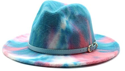 56-58Cm Tie Dye Brede Rand Fedora Hoed Vrouwen Mannen Wolvilt Jazz Hoeden Met Eenvoudige Riem Kerk derby Top Hat lucht blauw