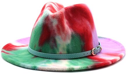 56-58Cm Tie Dye Brede Rand Fedora Hoed Vrouwen Mannen Wolvilt Jazz Hoeden Met Eenvoudige Riem Kerk derby Top Hat Rood