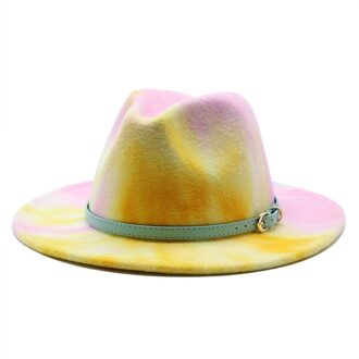 56-58Cm Tie Dye Brede Rand Fedora Hoed Vrouwen Mannen Wolvilt Jazz Hoeden Met Eenvoudige Riem Kerk derby Top Hat Roze