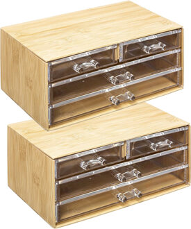 5five 2x sieraden/make-up organizer - 4 lades - 24 x 11 cm - rechthoek - bamboe/kunststof - opbergen