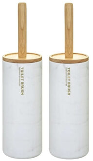 5five 2x stuks 5five wc-/toiletborstel met houder - wit met marmer effect - kunststof/bamboe - 38 cm