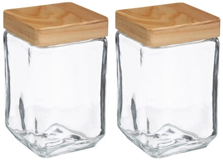 5five 2x stuks voorraadbussen/voorraadpotten 1,7L glas met houten deksel - Voorraadpot Transparant