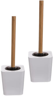 5five 2x stuks WC-/toiletborstel met houder wit kunststof/bamboe 38 cm - Toiletborstels