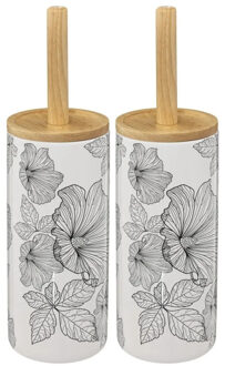 5five 2x stuks WC-/toiletborstel met houder wit/zwart met hibiscus bloemen patroon zandsteen/bamboe 38 cm - Toiletborstels