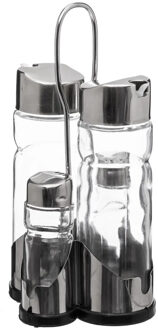 5five Azijn/Olie flessen tafelset - met peper/zout vaatjes - glas/metaal - transparant