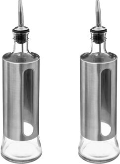 5five Azijn/Olie flessen voor op tafel - 2x - glas/metaal - transparant/zilver - olijfolie