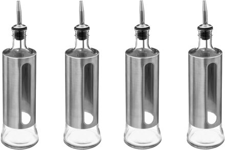 5five Azijn/Olie flessen voor op tafel - 4x - glas/metaal - transparant/zilver - olijfolie en tafela