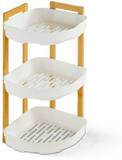 5five Badkamer douche rekje - 3 laags - hoekmodel - wit - kunststof/bamboe - 29 x 22 x 45 cm