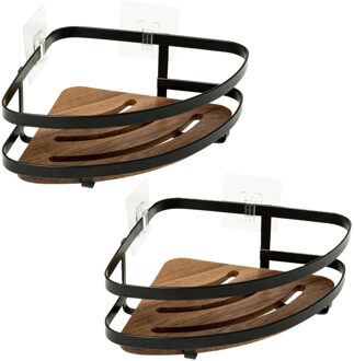 5five Badkamer douche rekje organizer - 2x - zwart metaal/acaciahout - kleefstrip - 20 x 20 x 7 cm