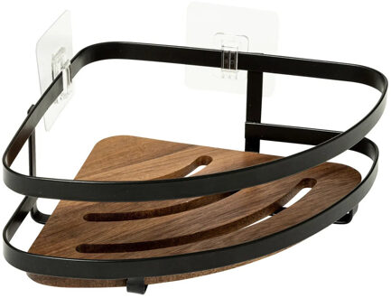 5five Badkamer douche rekje organizer - zwart metaal/acaciahout - kleefstrip - 20 x 20 x 7 cm