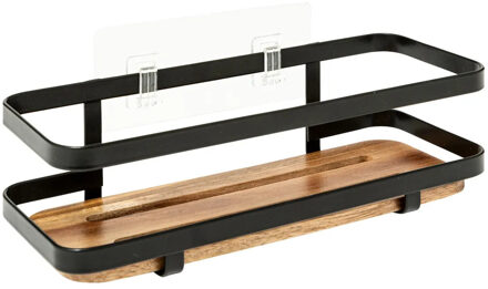 5five Badkamer douche rekje organizer - zwart metaal/acaciahout - kleefstrip - 25 x 10 x 8 cm