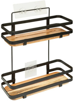 5five Badkamer douche rekje organizer - zwart metaal/acaciahout - kleefstrip - 25 x 15 x 30 cm
