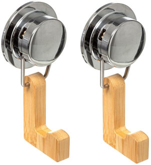 5five Badkamer handdoekhaakje/ophanghaakje - Set van 2x stuks - bamboe hout - met zuignap