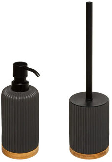 5five Badkamer set - Toiletborstel houder - zwart - 40 cm - met zeeppompje van 270 ml - polyresin