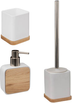 5five Badkamer/toilet accessoires set 3-delig - wit - bamboe - WC-borstel/tandenborstelhouder/zeeppompje - Badkameraccessoires