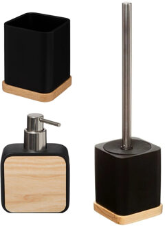 5five Badkamer/toilet accessoires set 3-delig - zwart - bamboe - WC-borstel/tandenborstelhouder/zeeppompje