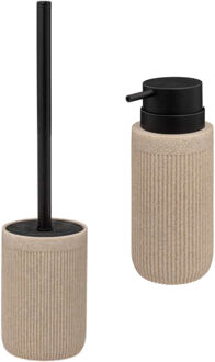 5five Badkamer/toilet accessoires set Onyx - WC-borstel in houder en zeeppompje - beige/zwart - 350 ml - Badkameraccessoireset