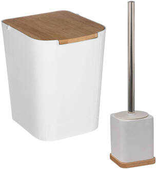 5five Badkamer/toilet accessoires set - WC-borstel in houder en prullenbak - wit - bamboe - 5 liter - Badkameraccessoireset