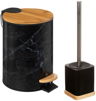 5five Badkamer/toilet accessoires set - WC-borstel in houder en prullenbak - zwart - bamboe - 3 liter