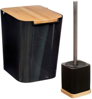 5five Badkamer/toilet accessoires set - WC-borstel in houder en prullenbak - zwart - bamboe - 5 liter