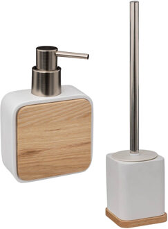 5five Badkamer/toilet accessoires set - WC-borstel in houder en zeeppompje - wit - bamboe - 200 ml - Badkameraccessoireset