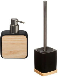 5five Badkamer/toilet accessoires set - WC-borstel in houder en zeeppompje - zwart - bamboe - 200 ml