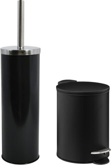 5five Badkamer/toilet accessoires set - zwart - metaal - pedaalemmer/wc-borstel