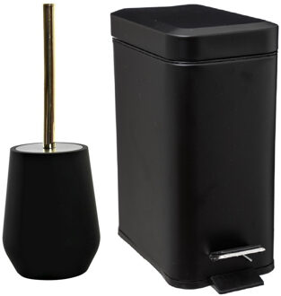 5five Badkamer/toilet set - WC-borstel en pedaalemmer 5L - metaal/ polystone - zwart