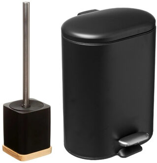5five Badkamer/toilet set - WC-borstel en pedaalemmer 6L - metaal/ polyresin - zwart