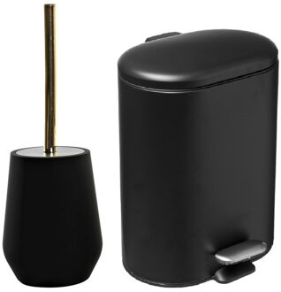 5five Badkamer/toilet set - WC-borstel en pedaalemmer 6L - metaal/ polystone - zwart