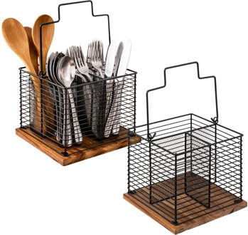 5five Bestek organizer - 2x - 3 vakken - staal/acaciahout - zwart - 29 x 19 cm - bestekbak