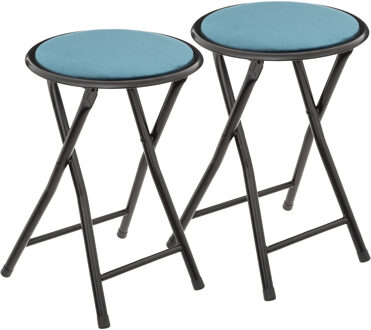 5five Bijzet krukje/stoel - 2x - Opvouwbaar - blauw fluweel - 29 x 45 cm