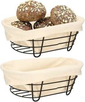 5five Broodmand Bistro - 2x stuks - metaal/stof - zwart/creme wit - 28 x 18 x 11 cm