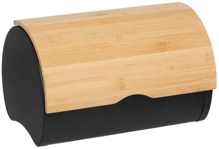 5five Broodtrommel met klep/deksel - bamboe hout/metaal - 32 x 20 x 24 cm - zwart/naturel