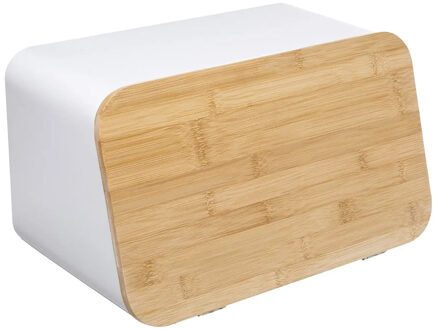 5five Broodtrommel met snijplank deksel - Wit - Metaal/Bamboe - 37 x 22 x 23 cm