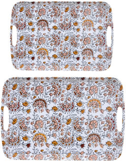 5five Design dienbladen van melamine - 2x stuks - in 2 maten - flowers print wit