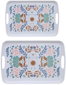 5five Design dienbladen van melamine - 2x stuks - in 2 maten - flowers print wit