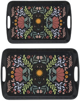 5five Design dienbladen van melamine - 2x stuks - in 2 maten - flowers print zwart
