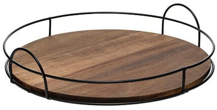 5five Dienblad/serveerblad Bilbao - Acacia hout - D34 cm - zwart/bruin - met opstaande metalen rand