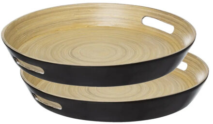 5five Dienblad/serveerblad rond - 2x stuks - D42 cm - bamboe hout - zwart - met handvaten - Dienblad