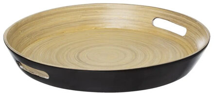 5five Dienblad/serveerblad rond - D42 cm - bamboe hout - zwart - met handvaten - Dienbladen