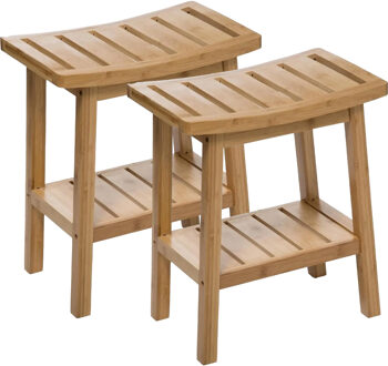 5five Douche of bijzet krukje - 2x - bamboe hout - lichtbruin - 40 x 25 x 46 cm