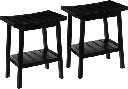 5five Douche of bijzet krukje - 2x - bamboe hout - zwart - 40 x 25 x 46 cm