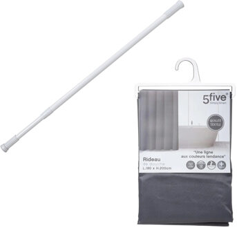 5five Douchegordijn met ringen - grijs - 180 x 200 cm - ophangstang uitschuifbaar 70-120 cm