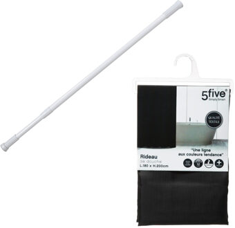 5five Douchegordijn met ringen - zwart - 180 x 200 cm - ophangstang uitschuifbaar 70-120 cm